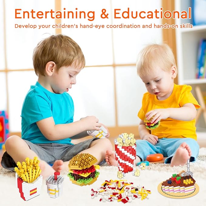 Mini Building Blocks Sets Toys City Fast Food 4 Packs for Kids, Micro Mini Blocks Bricks Kit for Party Favors Goodie Bags, Birthday Gifts Dessert Hamburger, French Fries, Cake, Popcorn