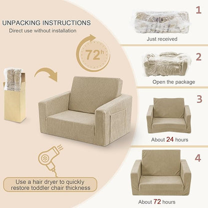 Toddle & Kids Chair,2-in-1 Soft Toddler Couches That Fold Out,Toddler Chairs Comfy 1-3 Years Old,Convertible Sofa to Lounge,Beige