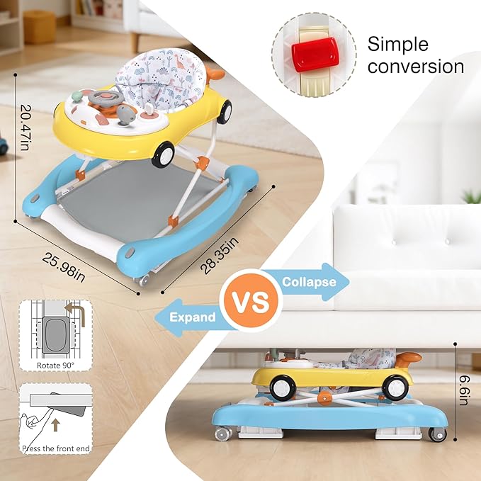 5-in-1 Convertible Baby Walker with Steering Wheel Music Activity Center – Infant Rocker, Jumper, Push Walker, Bouncer & Feeding Foldable Walker for Ages 6-18 Months Boys Girls (Yellow Blue)