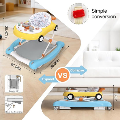 5-in-1 Convertible Baby Walker with Steering Wheel Music Activity Center – Infant Rocker, Jumper, Push Walker, Bouncer & Feeding Foldable Walker for Ages 6-18 Months Boys Girls (Yellow Blue)