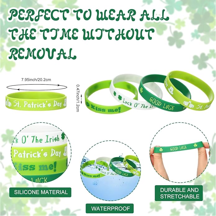 Quelay St. Patrick's Day Rubber Bracelets Irish Silicone Wristbands for St. Patrick's Day White Green Shamrock Rubber Bracelet Bangle for Party Accessories Favors Gifts Supplies