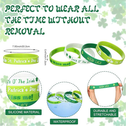 Quelay St. Patrick's Day Rubber Bracelets Irish Silicone Wristbands for St. Patrick's Day White Green Shamrock Rubber Bracelet Bangle for Party Accessories Favors Gifts Supplies