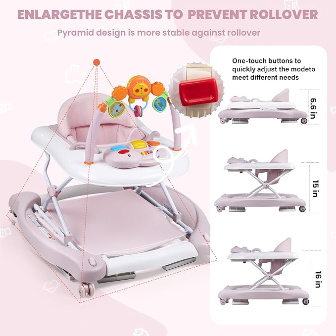 Boyro Baby Baby Walker, 5-in-1 Baby Walkers for Boys and Girls 6-12 Months with Bouncer, Removable Footrest, Feeding Tray & Music, Foldable & Adjustable Activity Walker for 6-18 Months Toddler Infant