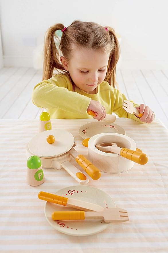 Hape Gourmet Play Kitchen Starter Accessories Wooden Play Set| 13 PCs Pretend Cookware Plates Dishes Play Kitchen Sets for Kids