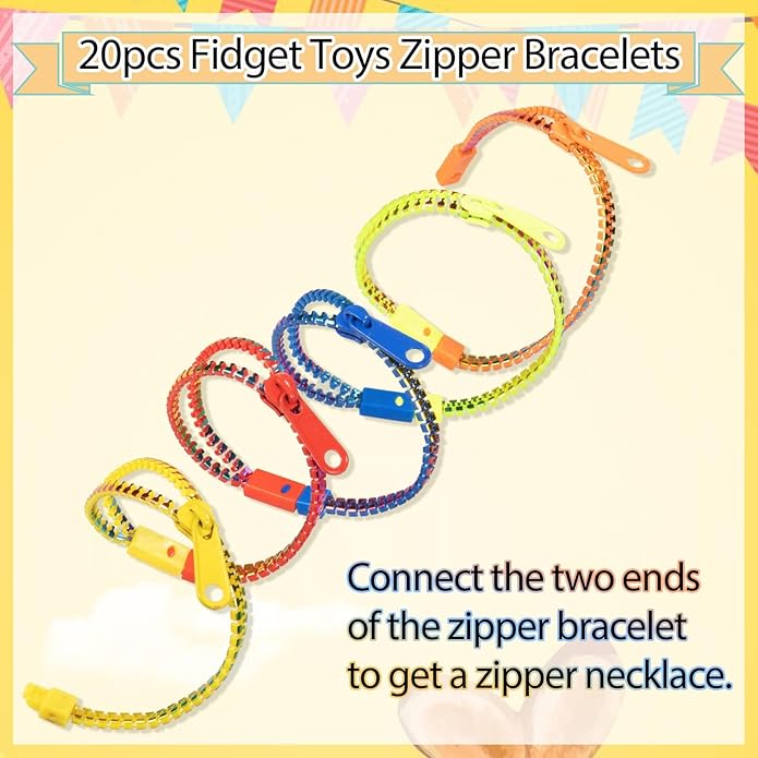 OuMuaMua Fidget Toys Zipper Bracelets for Kids 20 Pieces Rainbow Color Bulk Sensory Party Favor Friendship Bracelets for Boys Girls Kids Easter Basket Stuffers Christmas Gifts Fidget Bracelets