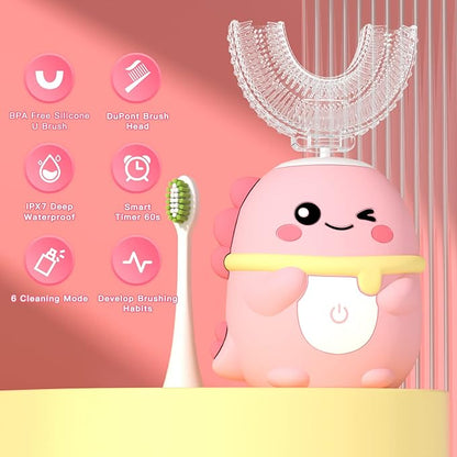Kids Electric Toothbrush U Shaped Toddler Auto Sonic Toothbrushes with 5 Brush Head,Cartoon Dinosaur Ultrasonic Toothbrushes for Children 2-12 Years,360° Full Mouth Cleaning Automatic