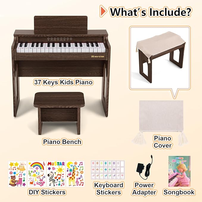 Kids Piano Keyboard, 37 Keys Wooden Digital Piano for Kids with Bench,Song Book, DIY Stickers, Cover, Education Creative Musical Instruments Toy for Boys & Grils Gifts