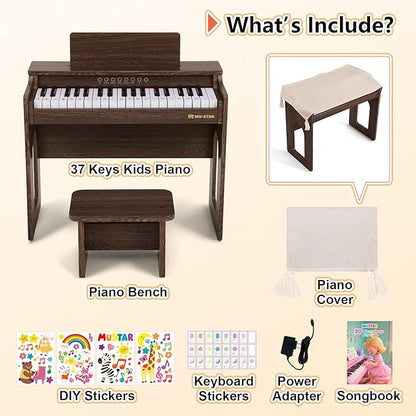 Kids Piano Keyboard, 37 Keys Wooden Digital Piano for Kids with Bench,Song Book, DIY Stickers, Cover, Education Creative Musical Instruments Toy for Boys & Grils Gifts