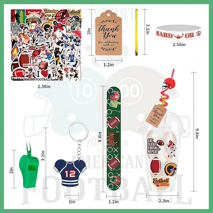 Football Party Favors 184 Pcs Football Birthday Party Decoration With Cups Straws Slap Bracelets Whistles Wristbands Keychains Stickers Thank you Tags for Sports Party Supplies (Football)