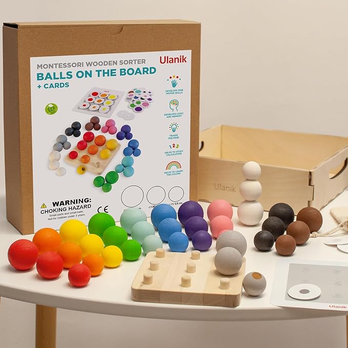 Ulanik Balls on Board Toddler Montessori Toys for 3 Year Old + Kids Wooden Peg Sorter Game for Learning Color Sorting and Counting Preschool Education — 36 pcs