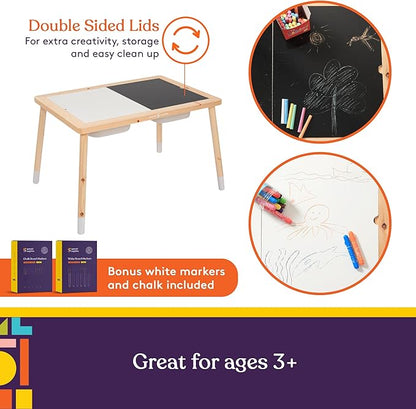 Special Supplies Kid’s Sensory Table Set with Deep Water and Sand Bins, Writable Lids, Chalk and Dry Erase Markers for Active, Hands-On Learning, Fun Play, Arts and Crafts - Pine Wood