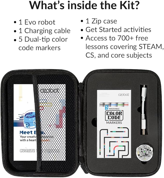 Evo Entry Kit: Interactive Coding Robot, Kids Ages 5+, Includes Color Code Markers, Charging Cable, Zip Case, Access to 700+ STEM Lessons - Educators & Parents, No Coding Experience Required