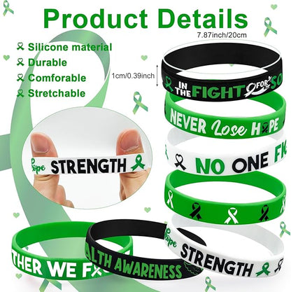Cinrobiye 60 Pcs Mental Health Awareness Accessories Bulk Include 30 Green Ribbon Bracelets and 30 Button Badges Mental Health Awareness Month Gifts for Teens Adults Party Favors(Green)