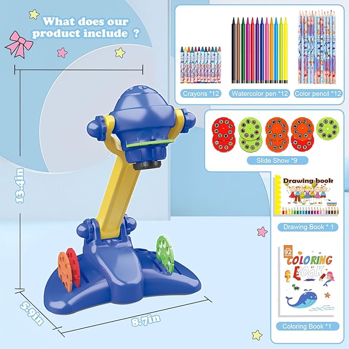 Hoarosall Drawing Projector for Kids, Art and Craft Kit, Toys for Boys Aged 3+, Drawing Supplies, Including Colored Pencils, Crayons, Coloring Books, Gift for 3+ Year Old Boys (Dark Blue)