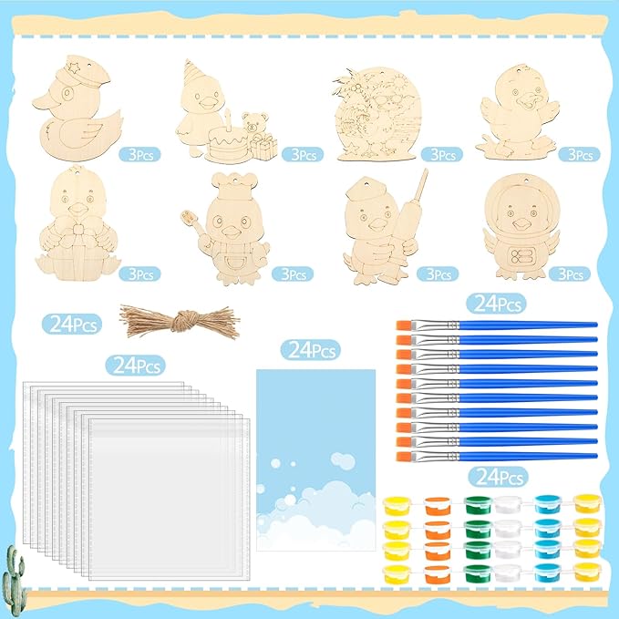 Saypacck 24 Pcs Duck Party Favors Wooden Painting Craft Kits Birthday Party Supplies with Organza Bag for Goodie Bags Fillers Adult Thank You Gifts