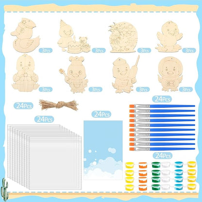 Saypacck 24 Pcs Duck Party Favors Wooden Painting Craft Kits Birthday Party Supplies with Organza Bag for Goodie Bags Fillers Adult Thank You Gifts