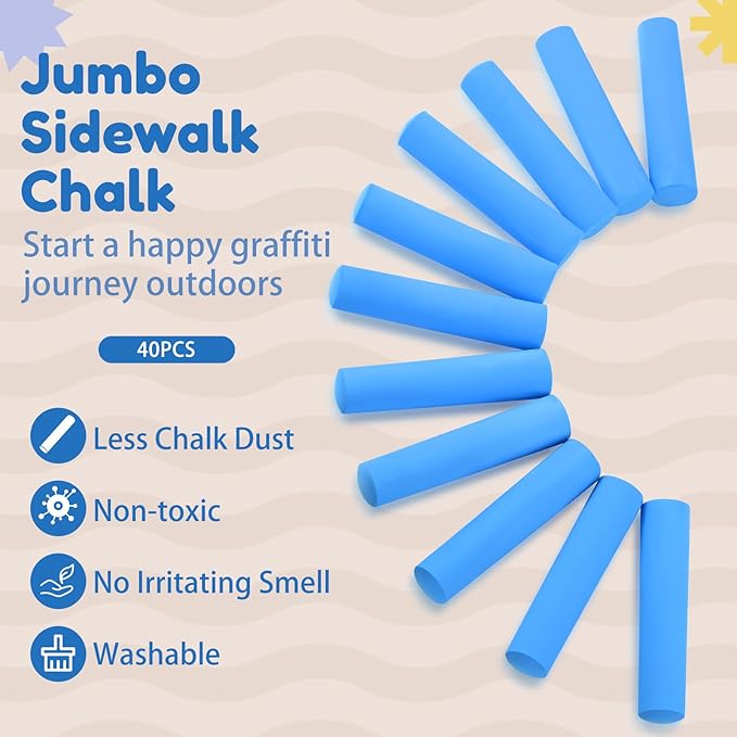 Fulmoon 40 Pcs Jumbo Sidewalk Chalk for Kids Outdoor Art Non Toxic Large Washable Street Chalk for Adults Drawing Painting Graffiti Classroom(Blue,Round Style)
