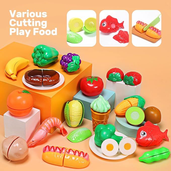 CUTE STONE Play Kitchen Accessories Toy, Play Food Sets for Kids Kitchen, Pretend Kitchen Set for Kids with Play Pots, Pans, Toddler Kitchen Playset Kitchen Toys for Girls Boys