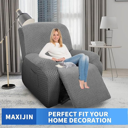 MAXIJIN Oversized Recliner Covers That Stay in Place 4 Pieces Stretch Large Recliner Chair Covers Jacquard Dogs Cats Proof Reclining Slipcovers with Elastic Bottom (XL Recliner, Light Gray)