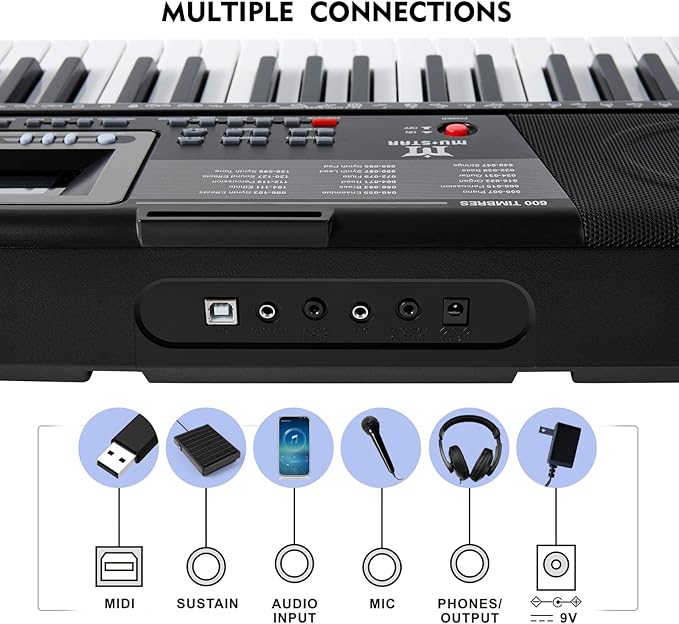 MUSTAR Piano Keyboard, MEKS-500 61 Key Learning Keyboard Piano with Lighted Up Keys, Electric Piano Keyboard for Beginners, Stand, Pedal, Headphones/Microphone, USB Midi, Joystick, Built-in Speakers