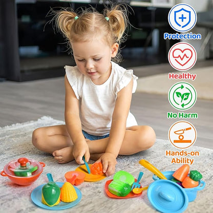 Play Dishes for Kids Kitchen, 54PCS Food Toys Play Food for Kids Kitchen Including Play Dishes Pots, Pans & Pretend Food Pretend Toys for Toddlers