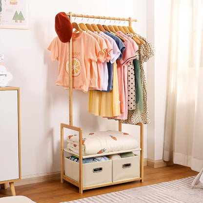 Kids Clothing Rack Bamboo with 2 Storage Baskets and 2 Adjustable Hanging Rods,Child Garment Holder with Shelf, Dress up Racks for Playroom,Toddlers Bedroom (Natural)