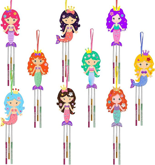 Fennoral 9 Pack Mermaid Wind Chime Kit for Kids Make Your Own Wind Chime Wooden Arts and Crafts for Girls Boys Ornaments DIY Coloring Mermaid for Summer Art Activity Birthday Party Decoration