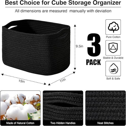 ICERZCZ Black Storage Baskets for Organizing Shelves, Toy Basket for Nursery, Woven Cotton Rope Basket for Decor, Towel Baskets for Bathroom, 15"x11"x9.5", 3 Packs, Black