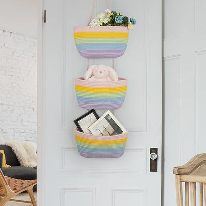 TeoKJ Over the Door Hanging Basket, 3-Tier Woven Cotton Wall-Mounted Storage Organizer Bag Decorative Hanging Nursery Baskets, Rainbow
