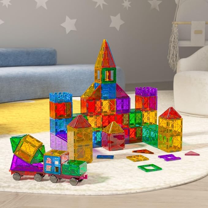 Bmag Magnetic Tiles, 100PCS Magnet Building Blocks for Kids, Stacking Building Set for Boys Girls, STEM Preschool Educational Learning Construction Toy with 2 Cars