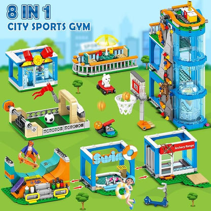 HOGOKIDS City Sports Gym Building Set - 8 in 1 Friend Sports Center Football Basketball Climbing Swimming Boxing Shooting Skateboard Building Block Kit Games Toy Birthday Gift for Kids Girls Boys 6+