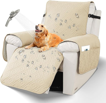 XINEAGE 100% Waterproof Recliner Cover, Non Slip Recliner Chair Cover with Elastic Band, Washable Recliner Slipcover with Storage Pockets for Kids, Pets (Beige, 28")
