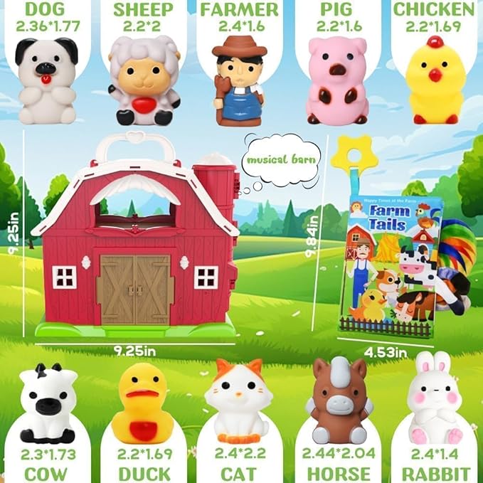 Kimicare Musical Red Barn Toy Farm Animal Finger Puppets for 3 4 5 Years Old, Animal Figures Playset with Farm Baby Book, Sensory Learning Toys Birthday Gifts for Kids Boys Girls