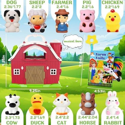 Kimicare Musical Red Barn Toy Farm Animal Finger Puppets for 3 4 5 Years Old, Animal Figures Playset with Farm Baby Book, Sensory Learning Toys Birthday Gifts for Kids Boys Girls