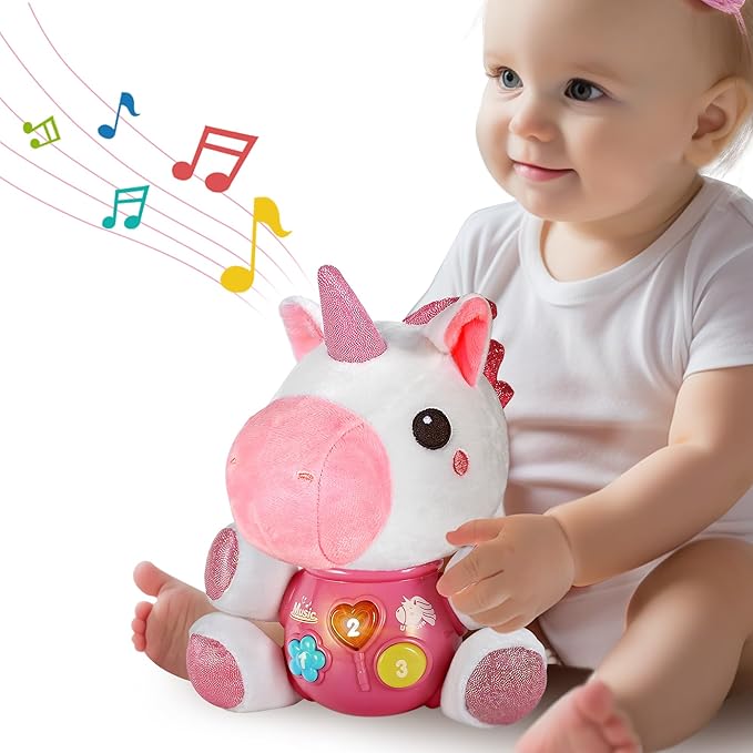 iPlay, iLearn Baby Unicorn Musical Toys, Newborn Girls Gift, Soft Plush Stuffed Animal, Infant Light Music Time, 1st Valentine's Easter Basket Stuffer 0 1 2 3 6 9 12 18 Month Age 1-3 Toddlers Boys