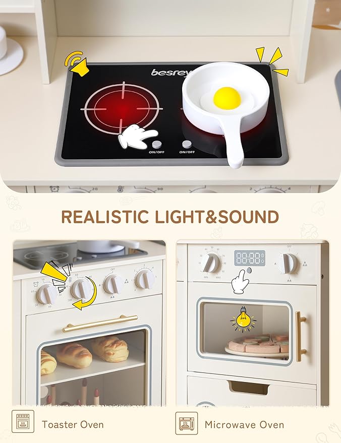 besrey Play Kitchen for Kids, Wooden Kids Play Kitchen Playset with Real Lights & Sounds, Toddler Toy Kitchen with Fun Cookware Accessories, Pretend Play Kitchen Gift for Age 3+