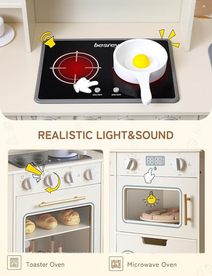 besrey Play Kitchen for Kids, Wooden Kids Play Kitchen Playset with Real Lights & Sounds, Toddler Toy Kitchen with Fun Cookware Accessories, Pretend Play Kitchen Gift for Age 3+