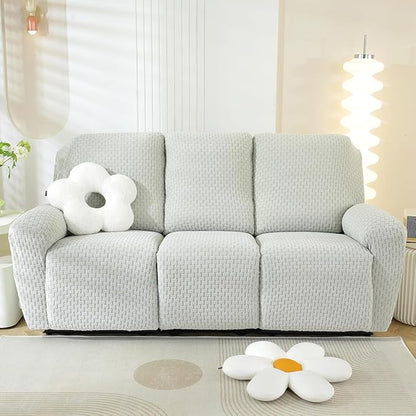 vctops 8 Pieces Jacquard Plush Recliner Sofa Covers Stretch Soft 3 Seats Couch Cover Anti-Slip Solid Color Sofa Slipcover Furniture Protector with Elastic Bottom for Kids Pet (Light Grey,3 Seat)