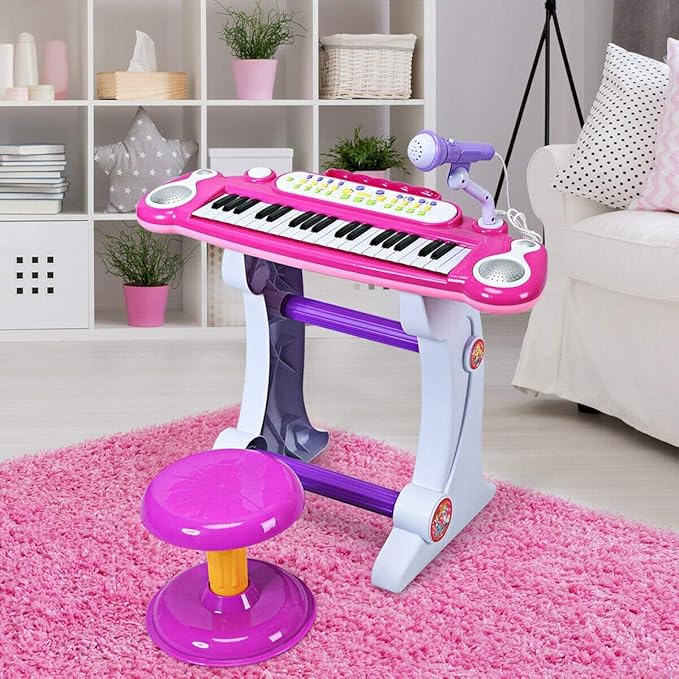 Costzon 37-Key Kids Piano Keyboard Toy, Toddler Electronic Musical Instrument Educational Toy w/Microphone, Multiple Sounds, Record Playback, Lights & Stool, Birthday Gift for Girls Boys Age 3+, Pink