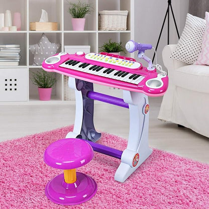 Costzon 37-Key Kids Piano Keyboard Toy, Toddler Electronic Musical Instrument Educational Toy w/Microphone, Multiple Sounds, Record Playback, Lights & Stool, Birthday Gift for Girls Boys Age 3+, Pink