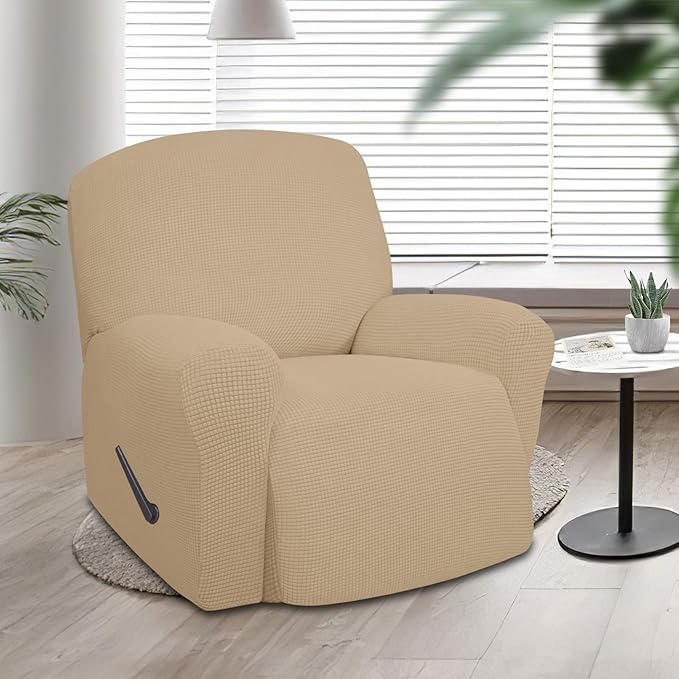 Easy-Going Oversized Recliner Stretch Sofa Slipcover Sofa Cover 1 Piece Furniture Protector Couch Soft with Elastic Bottom Kids,Polyester Spandex Jacquard Fabric Small Checks(Oversize Recliner,Sand)