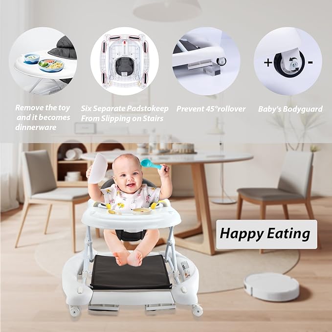 Boyro Baby 5-in-1 Baby Walker, Baby Walkers for Boys Girls 6-18 Months, Foldable Activity Walker, Toddler Infant Walker with Bouncer, Adjustable Height, Removable Footrest, Feeding Tray, Music