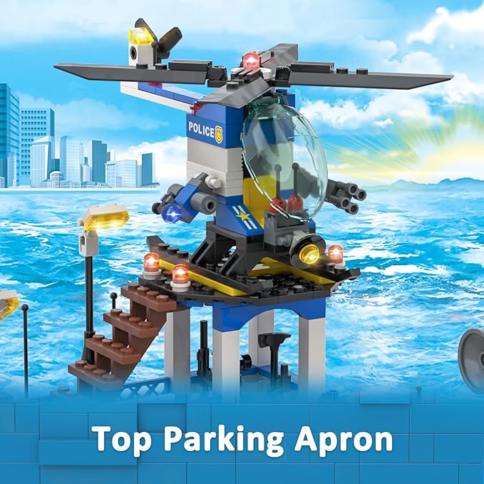 City Police Station Toy Building Set - 890 Pieces Helicopter, Police Car and Truck, Patrol Boat, Coast Guard Headquarter Toy - Ideal Creative Roleplay Gift for Kids, Boys, and Girls Ages 6-14