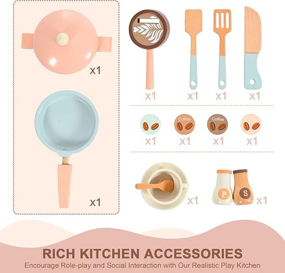 Wooden Play Kitchen Toy Set for Kids, Toddlers Pretend Toy Kitchen Playest, Sink with Faucet, Oven, Microwave, Cookware Accessories & Gifts for Age 1-6