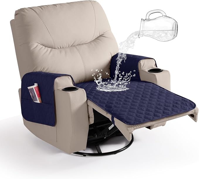 Ruaozz Waterproof Recliner Chair Covers Non Slip Chair Covers Recliner Seat Cover with Arms Washable Recliner Covers for Reclining Chair with Pocket, Covers for Recliner Chair (Dark Blue, Small-22'')