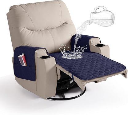 Ruaozz Waterproof Recliner Chair Covers Non Slip Chair Covers Recliner Seat Cover with Arms Washable Recliner Covers for Reclining Chair with Pocket, Covers for Recliner Chair (Dark Blue, Small-22'')