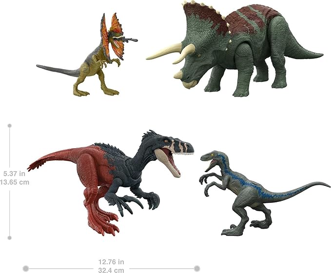 Mattel Jurassic World Dominion Survival Instincts Dinosaur Starter Set, 4 Toy Figures Including Blue, Dilophosaurus & 2 Roar Strikers