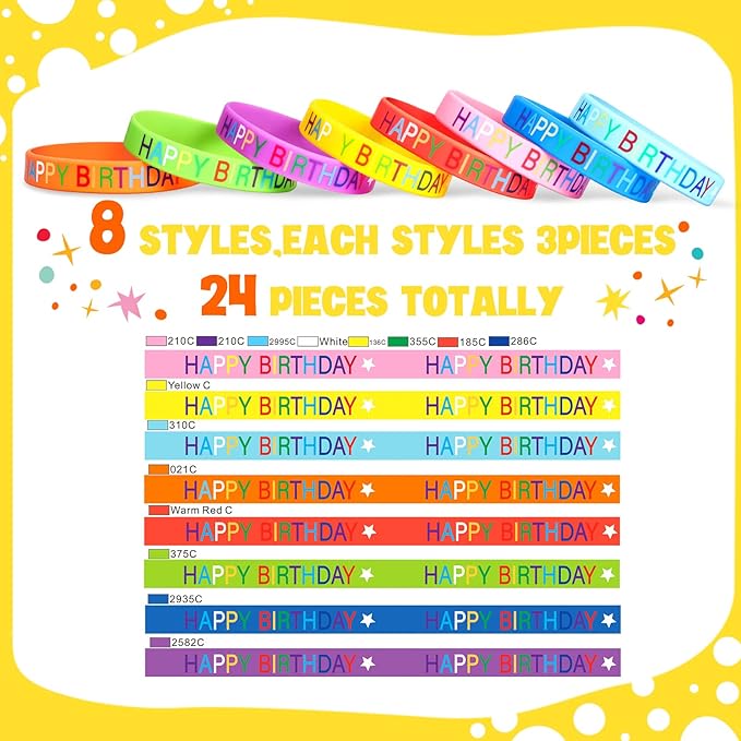 24 Pieces Happy Birthday Rubber Bracelets, Colored Silicone Stretch Wristbands Classroom Birthday Bracelets Party Favors Goodie Bag Stuffers for Teenagers Classroom Birthday Party Supplies