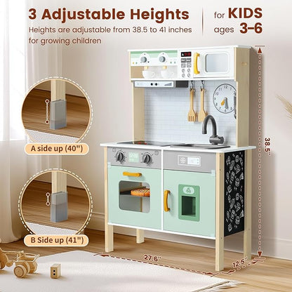 Play Kitchen Wooden Kids Kitchen Playset Pretending Toys for Toddlers with Real Lights & Sounds, 3 Heights Adjustable, Chalkboard, 35Pcs Toy Food & Cookware Accessories-Green