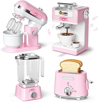 Pretend Play Kitchen Appliances Toy Set with Realistic Coffee Maker Machine, Toaster, Mixer and Blender, Kids Kitchen Playset with Sound & Light for Kids Age 3–5 4-8